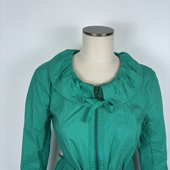 Kristin Davis Med Green Lightweight Trench Coat Style Jacket Ruffle Collar Belt - Picture 4 of 9